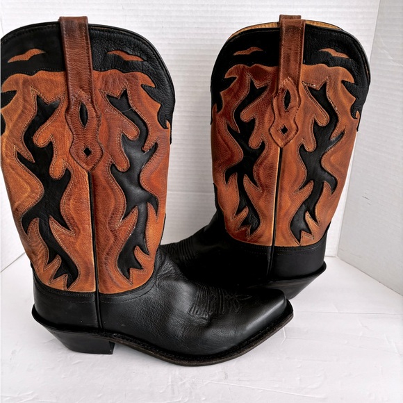 NWOT OLD WEST COWGIRL LEATHER CUSHIONED SOLE BLACK CAMEL TAN INLAY BOOTS SZ 9 - Picture 2 of 15